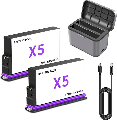 بطارية 260 x5 × 5 متوافقة مع Insta360 x5 ، لكاميرا Insta360 x5 مع محور شاحن بطارية سريع مزدوج وبطاريات ترقية كابل الشحن 3.89V 2800mAh (محور شاحن البطارية مع بطاريتين) in Kuwait