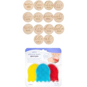 حزمة من Pearhead Wooden Monthly Milestone Photo Cards + Ubbi قنديل البحر إسفنجات حمام الطفل ، غطاء المهد ، مجموعة من 3 in Kuwait