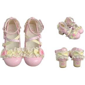 ZQW Sweet Lolita Mary Jane Shoes Kawaii Strawberry Cake Pumps for Women Handmade Chunky Mid Heel Girls Cosplay Party Shoes in Saudi Arabia