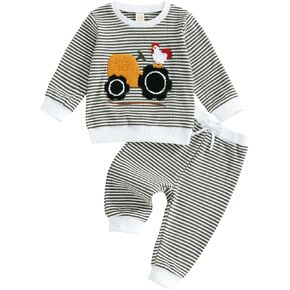FOMOYUU Baby Boy Fall Winter Outfits Striped Embroidered Waffle Sweatshirt Infant Pullover Top Pants Sets Toddler Clothes in Kuwait