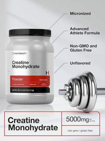 مسحوق الكرياتين مونوهيدرات | 2.2 رطل (35.2 أونصة) | تم اختبار نقاء HPLC | مكمل نباتي وغير معدّل وراثيًا وخالي من الغلوتين | بواسطة هورباخ in Kuwait