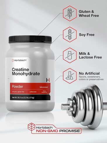 مسحوق الكرياتين مونوهيدرات | 2.2 رطل (35.2 أونصة) | تم اختبار نقاء HPLC | مكمل نباتي وغير معدّل وراثيًا وخالي من الغلوتين | بواسطة هورباخ in Kuwait