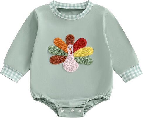 Newborn Baby Boy Thanksgiving Outfit Bubble Romper Turkey Embroidery Long Sleeve Onesie Fall Winter Clothes in Saudi Arabia