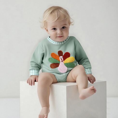 Newborn Baby Boy Thanksgiving Outfit Bubble Romper Turkey Embroidery Long Sleeve Onesie Fall Winter Clothes in Saudi Arabia