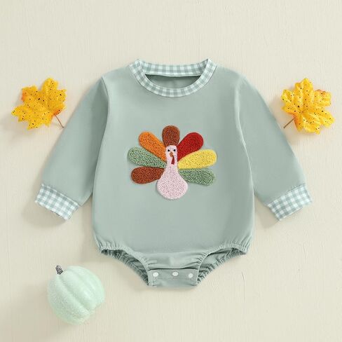 Newborn Baby Boy Thanksgiving Outfit Bubble Romper Turkey Embroidery Long Sleeve Onesie Fall Winter Clothes in Saudi Arabia