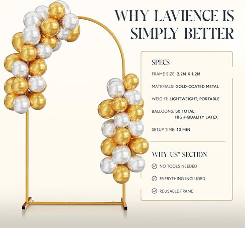 Gold Metal Arch Backdrop Stand - 7.2ft Balloon Arch Stand Backdrop Set with Gold and Silver Balloons - Photo Arched Birthday Background Decor, Party Arches Frame for Wedding Baby Shower Grad in Saudi Arabia