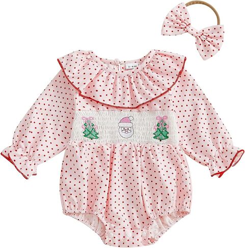 My First Christmas Baby Girl Outfit Newborn Santa Smocked Bubble Romper Cute Ruffle Bodysuit One Piece Xmas Clothes in Kuwait