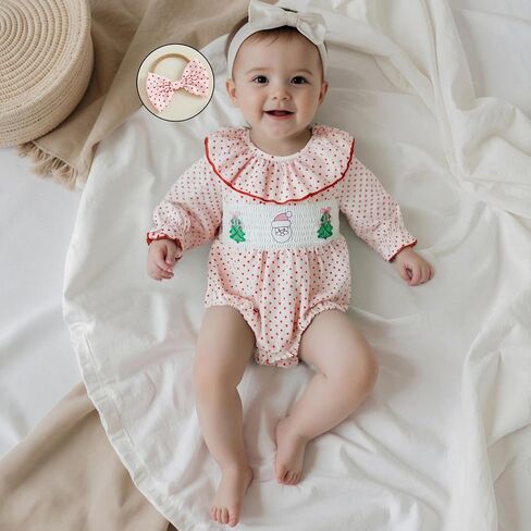 My First Christmas Baby Girl Outfit Newborn Santa Smocked Bubble Romper Cute Ruffle Bodysuit One Piece Xmas Clothes in Kuwait