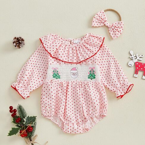 My First Christmas Baby Girl Outfit Newborn Santa Smocked Bubble Romper Cute Ruffle Bodysuit One Piece Xmas Clothes in Kuwait