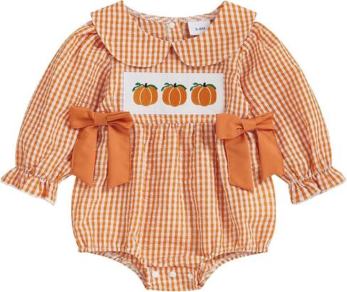 Baby Girl Halloween Outfit Pumpkin Print Bubble Romper Bow Long Sleeve Ruffle Outfit Newborn Fall Clothes in Saudi Arabia
