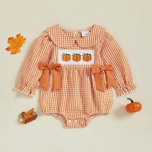 Baby Girl Halloween Outfit Pumpkin Print Bubble Romper Bow Long Sleeve Ruffle Outfit Newborn Fall Clothes in Saudi Arabia