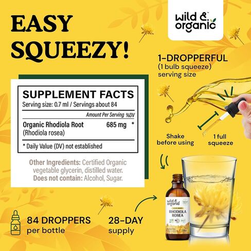 Rhodiola Rosea Tincture - Organic Rhodiola Supplement fot Stress & Mood Support - Rhodiola Root Liquid Extract - Vegan, Alcohol Free Drops - 2 fl oz in Kuwait