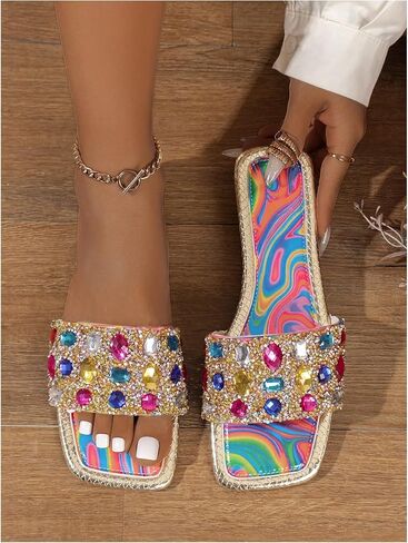 Gorglitter Women's Rhinestone Marble Sandals Square Square Open Toe Flafors Flafs Single Flats in Saudi Arabia