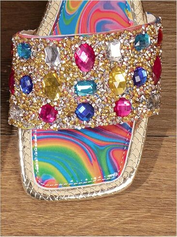 Gorglitter Women's Rhinestone Marble Sandals Square Square Open Toe Flafors Flafs Single Flats in Saudi Arabia