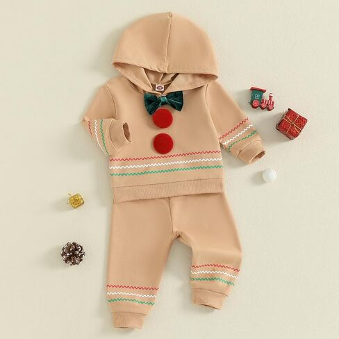 Gingerbread Man Outfit Baby Boy Girl Toddler Kids Halloween Christmas Clothes Hooded Sweatshirt Fuzzy Pants Set in Saudi Arabia