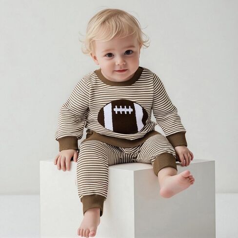 Karuedoo Toddler Baby Boy Girl Football Outfit Rugby Embroidery Stripe Long Sleeve Waffle Knit Sweatshirt and Pants Set in Saudi Arabia