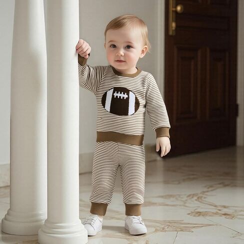 Karuedoo Toddler Baby Boy Girl Football Outfit Rugby Embroidery Stripe Long Sleeve Waffle Knit Sweatshirt and Pants Set in Saudi Arabia