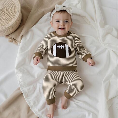 Karuedoo Toddler Baby Boy Girl Football Outfit Rugby Embroidery Stripe Long Sleeve Waffle Knit Sweatshirt and Pants Set in Saudi Arabia