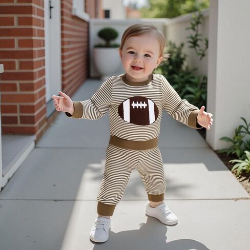 Karuedoo Toddler Baby Boy Girl Football Outfit Rugby Embroidery Stripe Long Sleeve Waffle Knit Sweatshirt and Pants Set in Saudi Arabia