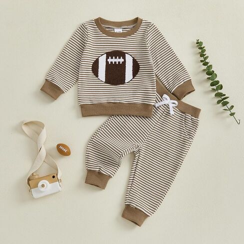 Karuedoo Toddler Baby Boy Girl Football Outfit Rugby Embroidery Stripe Long Sleeve Waffle Knit Sweatshirt and Pants Set in Saudi Arabia