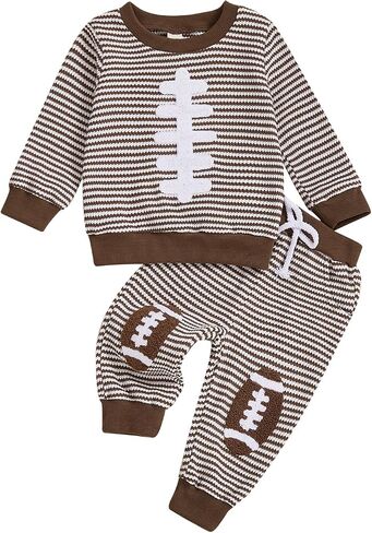 Karuedoo Toddler Baby Boy Girl Football Outfit Rugby Embroidery Stripe Long Sleeve Waffle Knit Sweatshirt and Pants Set in Kuwait