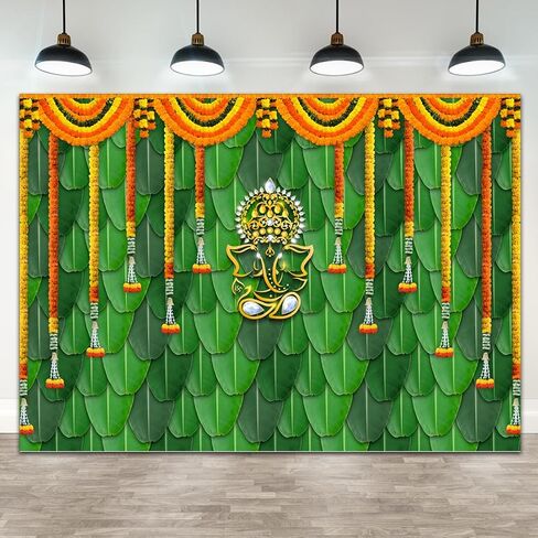 7x5ft(2.1mx1.5m) Pooja Backdrop Decoration Cloth Items Indian Ganpati Puja Traditional Chatiya Ganesh Mehndi Photography Background Festival Wedding Party Marigold Garlands Photo Booth Props Banner in Saudi Arabia