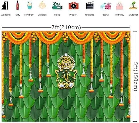 7x5ft(2.1mx1.5m) Pooja Backdrop Decoration Cloth Items Indian Ganpati Puja Traditional Chatiya Ganesh Mehndi Photography Background Festival Wedding Party Marigold Garlands Photo Booth Props Banner in Saudi Arabia