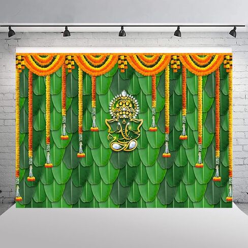 7x5ft(2.1mx1.5m) Pooja Backdrop Decoration Cloth Items Indian Ganpati Puja Traditional Chatiya Ganesh Mehndi Photography Background Festival Wedding Party Marigold Garlands Photo Booth Props Banner in Saudi Arabia
