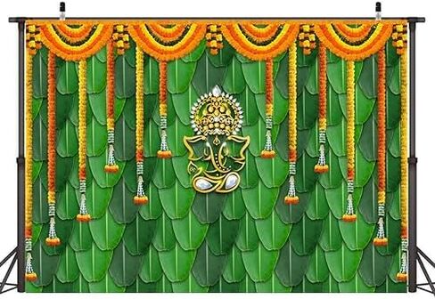 7x5ft(2.1mx1.5m) Pooja Backdrop Decoration Cloth Items Indian Ganpati Puja Traditional Chatiya Ganesh Mehndi Photography Background Festival Wedding Party Marigold Garlands Photo Booth Props Banner in Saudi Arabia