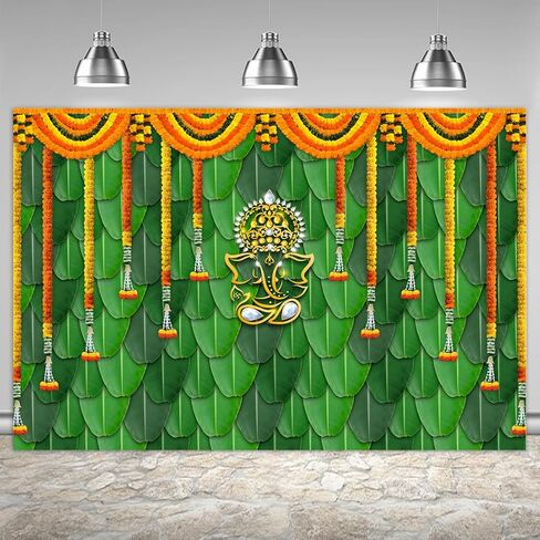 7x5ft(2.1mx1.5m) Pooja Backdrop Decoration Cloth Items Indian Ganpati Puja Traditional Chatiya Ganesh Mehndi Photography Background Festival Wedding Party Marigold Garlands Photo Booth Props Banner in Saudi Arabia