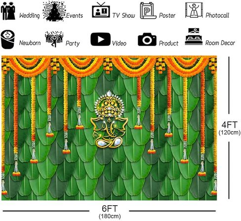 7x5ft(2.1mx1.5m) Pooja Backdrop Decoration Cloth Items Indian Ganpati Puja Traditional Chatiya Ganesh Mehndi Photography Background Festival Wedding Party Marigold Garlands Photo Booth Props Banner in Saudi Arabia