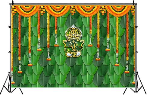 7x5ft(2.1mx1.5m) Pooja Backdrop Decoration Cloth Items Indian Ganpati Puja Traditional Chatiya Ganesh Mehndi Photography Background Festival Wedding Party Marigold Garlands Photo Booth Props Banner in Saudi Arabia