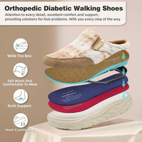 Women's Orthopedic Diabetic Wide Slippers: Comfortable Arch Support Plantar Fasciitis House Slip On Loafers, Casual Flat Feet Winter Warm Walking Shoes for Foot and Heel Pain Relief in Saudi Arabia