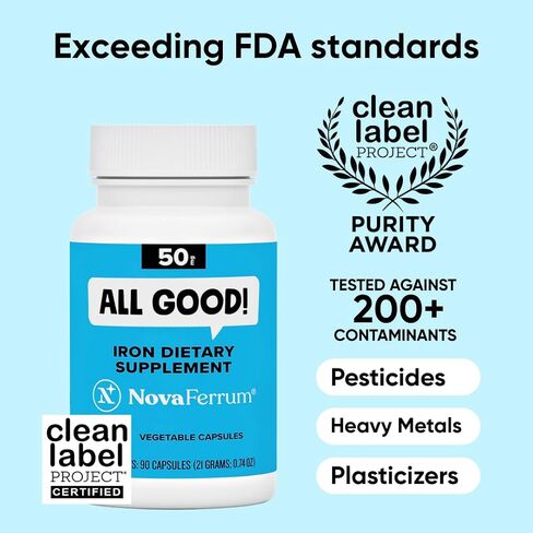 NovaFerrum All Good | Iron Supplement for Adults | 50mg of Iron Per Capsule | Supplement for Iron Deficiency in Men & Women | Vegan Verified | Gluten Free Certified | Sugar Free | 90 Count in Saudi Arabia