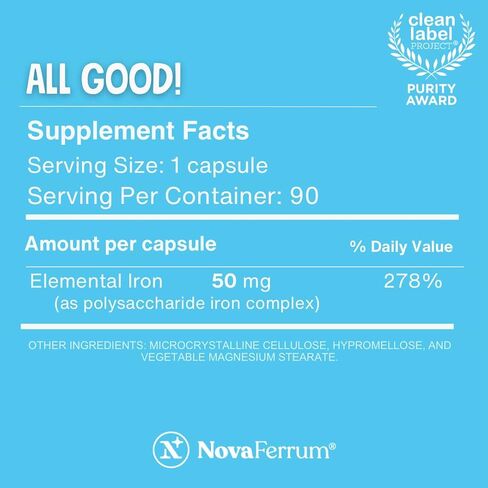 NovaFerrum All Good | Iron Supplement for Adults | 50mg of Iron Per Capsule | Supplement for Iron Deficiency in Men & Women | Vegan Verified | Gluten Free Certified | Sugar Free | 90 Count in Saudi Arabia