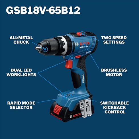 BOSCH GSB18V-65B12 1/2 في. حفر مطرقة/مجموعة السائق - 575 في رطل. أقصى عزم الدوران ، والتحكم القابل للتبديل ، ومحدد الوضع السريع ، وأضواء عمل LED مزدوجة ، وبطارية ومجموعة الشاحن. in Kuwait