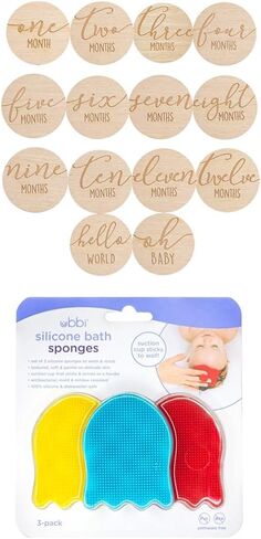 Bundle of Pearhead Wooden Monthly Milestone Photo Cards + Ubbi Jellyfish Silicone Baby Bath Sponges, Cradle Cap, Set of 3 in Kuwait