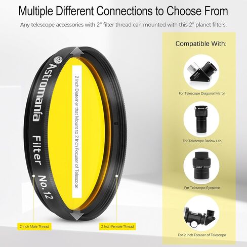 Astromania 2" Color/Planetary Filter for Telescope - #12 Yellow - Bundle with - 2" Diagonal 90° Mirror with 93% Reflectivity in Saudi Arabia