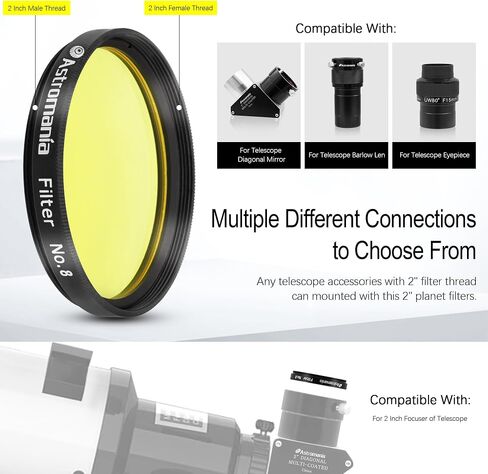 Astromania 2" Color/Planetary Filter for Telescope - #8 Yellow - Bundle with - 2.5X 2 inch Barlow Lens with 4 Elements in Saudi Arabia