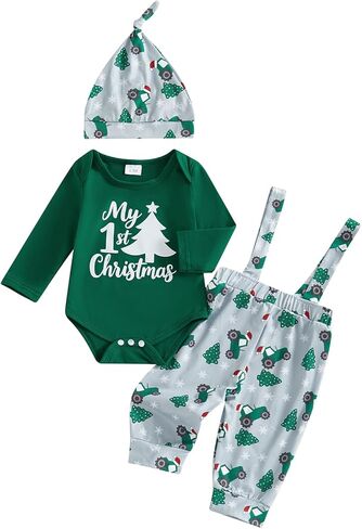 My 1st Christmas Newborn Baby Boy Clothes Print Long Sleeve Romper Bodysuit Overalls Pants Hat Set 3Pcs Fall Outfit in Kuwait