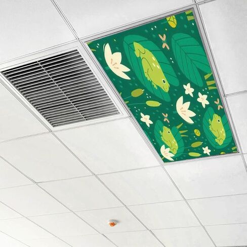 6 Pack Fluorescent Light Covers for Ceiling Light, Green Lake swamp Toads frogs water lilies Hand drawn Square repeating Light Filters for Classroom Home, 4' x 2' Decorative Magnetic Light Cover in Saudi Arabia