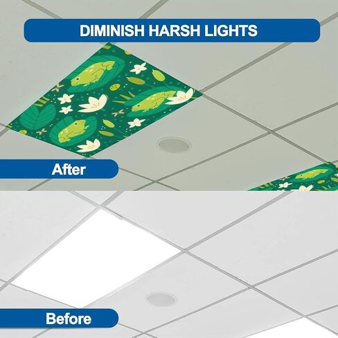 6 Pack Fluorescent Light Covers for Ceiling Light, Green Lake swamp Toads frogs water lilies Hand drawn Square repeating Light Filters for Classroom Home, 4' x 2' Decorative Magnetic Light Cover in Saudi Arabia