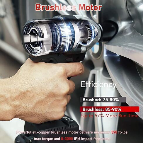 Cordless Impact Wrench 21V Brushless Motor Max Torque 520N.m,Battery Impact Wrench 1/2 High Torque,2x 3.0 Ah Li-ion Battery,6 Sockets,Fast Charger,Belt Clip,Tool Case in Kuwait