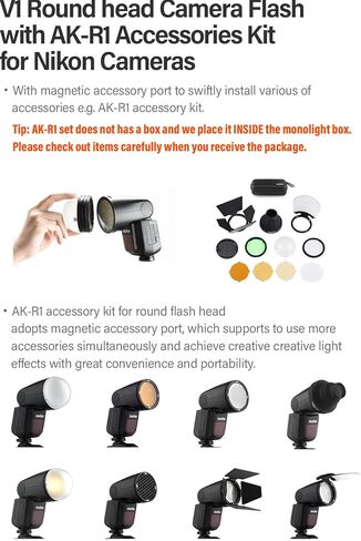 Godox V1 V1N Camera Flash with AK-R1 Accessories Kit for Nikon, V1-N 76Ws 2.4G TTL HSS Flash Speedlite Speedlight Kit with Diffusion Dome, 4 Filters, Snoot, Honeycomb Grid, 4-Way Barn Door in Saudi Arabia