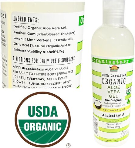 Organicstarr USDA Certified Organic Aloe Vera Gel - The One and ONLY Coconut Lime Infused Organic Aloe on the Market - Chemical-Free - Made in the USA - 12 oz. - Tropical Twist in Saudi Arabia