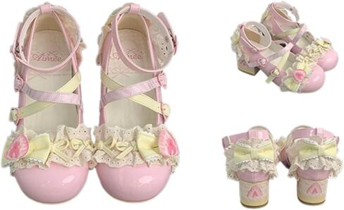 ZQW Sweet Lolita Mary Jane Shoes Kawaii Strawberry Cake Pumps for Women Handmade Chunky Mid Heel Girls Cosplay Party Shoes in Saudi Arabia
