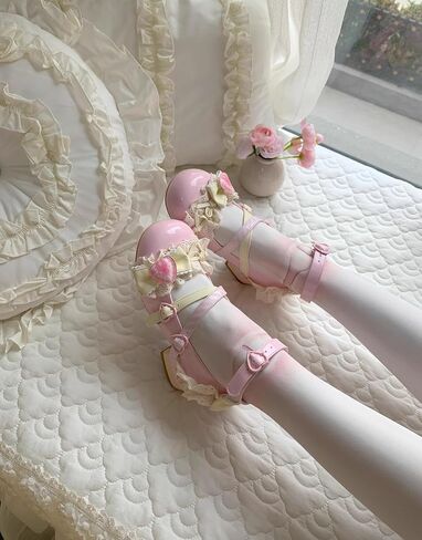 ZQW Sweet Lolita Mary Jane Shoes Kawaii Strawberry Cake Pumps for Women Handmade Chunky Mid Heel Girls Cosplay Party Shoes in Saudi Arabia