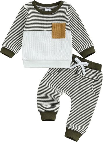 Toddler Boy Fall Winter Outfit Pocket Waffle Striped Long Sleeve Pullover & Elastic Waist Pants Set For Infant in Kuwait