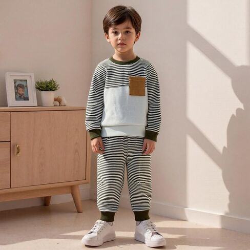 Toddler Boy Fall Winter Outfit Pocket Waffle Striped Long Sleeve Pullover & Elastic Waist Pants Set For Infant in Kuwait