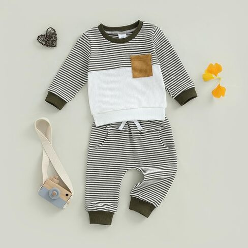 Toddler Boy Fall Winter Outfit Pocket Waffle Striped Long Sleeve Pullover & Elastic Waist Pants Set For Infant in Kuwait